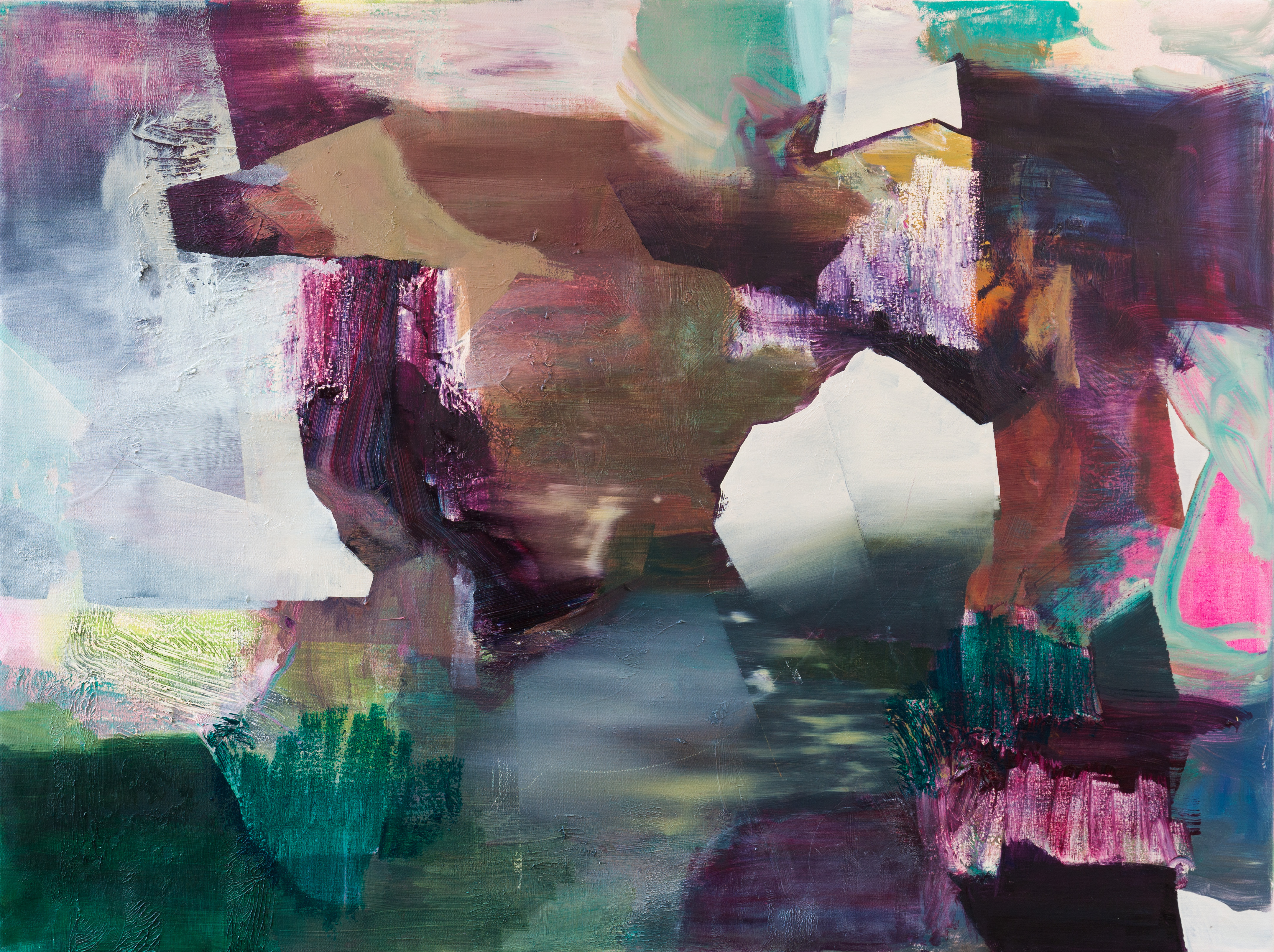 An abstract oil painting in greys, purples, pinks and oranges with prismatic effects